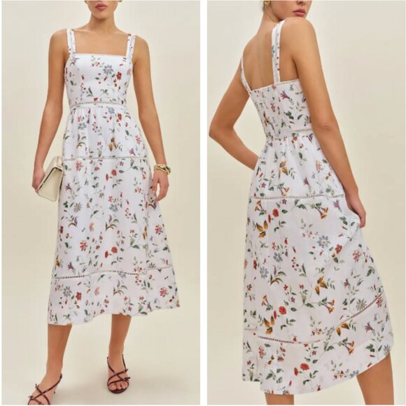 BEST Reformation Everett Linen Midi Dress - Corsini Ivory Floral Wedding Casual - Picture 1 of 14